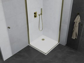 Mexen Pretoria Duo, sprchovací kút s 2-krídlovými dverami 90 (dvere) x 90 (dvere) cm, 6mm číre sklo, zlatý profil + slim sprchová vanička 5cm biela so zlatým sifónom, 852-090-090-50-02-4010G