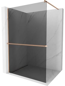 Mexen Kioto+, sprchová zástena Walk-In s poličkou a vešiakom 100 x 200 cm, 8mm šedé sklo, medený matný profil, 800-100-121-65-40