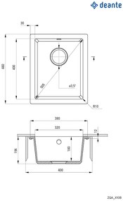 Deante Corda, granitový drez pod dosku 380x460x194 mm, 3,5" + priestorovo úsporný sifón, 1-komorový, šedá, ZQA_S10B