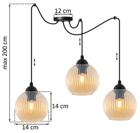 Závesné svietidlo Riffle Round Spider, 3x medové sklenené tienidlo