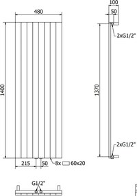 Mexen Topeka, vykurovacie teleso 1400 x 400 mm, 995 W, čierna, W210-1400-480-00-70