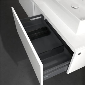 VILLEROY &amp; BOCH Legato závesná skrinka pod dve umývadlá na dosku, 2 zásuvky, s LED osvetlením, 1600 x 500 x 380 mm, Glossy White, B676L0DH