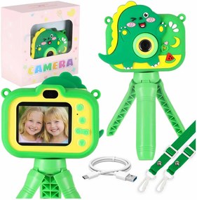 Detský digitálny fotoaparát KIK Dinosaurus so statívom, zelený
