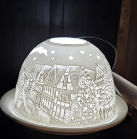 Biely porcelánový svietnik na čajovú sviečku s domčekmi Paollo - Ø 12*8 cm