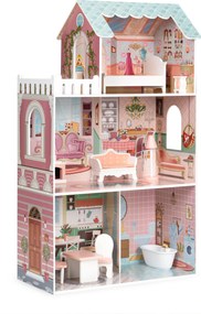 Veľký drevený domček pre bábiky ECOTOYS – 3 poschodia, 9 dielikov nábytku (pre Barbie)