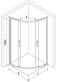 Mexen Rio, štvrťkruhový sprchovací kút s posuvnými dverami 90(dvere) x 90(dvere) x 190 cm, 6mm číre sklo, zlatý profil + biela sprchová vanička SLIM, 863-090-090-50-00-4110G