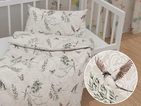 Biante Detské bavlnené posteľné obliečky do postieľky Sandra SA-490 Lastovičky s motýlikmi na béžovom ornamente Do postieľky 90x140 a 50x70 cm