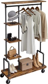 Stojan na šaty na kolieskach, 5 úrovní, s kovovými rúrami, rustkálny hnedý