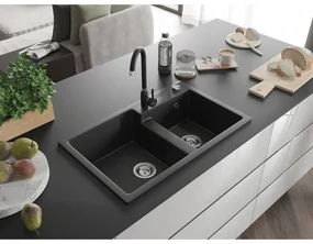 Mexen Tomas, granitový drez 800x500x190 mm, 2-komorový a čierna batéria Telma, čierna, 6516-77-670200-70