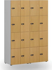 Drevená šatníková skrinka S4 s úložnými boxmi, 8 boxov, demont, mechanický kódový zámok, sivá/dub prírodný