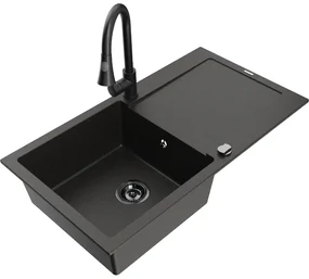 Mexen Leo, 1-komorový granitový drez 900x500x190 mm a drezová batéria Elia, čierna-zlatá metalíza, 6501-75-670101-70-B