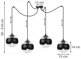 Závesne svietidlo Toledo Spider, 4x čierne/transparentné sklenené tienidlo, B