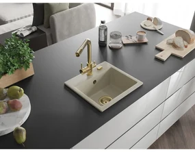 Mexen Milo, granitový drez 435x410x171 mm, 1-komorový a zlatá batéria Duero, béžová, 6505-69-671600-50