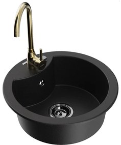 Mexen Diego, 1-komorový granitový drez 488x488x167 mm, čierny sifón, zlatá lesklá batéria Telma, čierna, 6512-77-670200-50-B