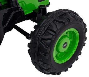 Zelený detský traktorový bager na batérie + pohyblivé rameno + diaľkové ovládanie + pomalý štart + FM rádio + LED
