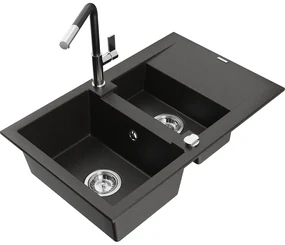 Mexen Gaspar, 1,5-komorový granitový drez 737x475x177 mm a drezová batéria Flora, čierna-zlatá metalíza, 6507-75-670401-07