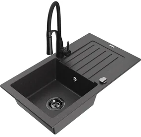 Mexen Pablo, 1-komorový granitový drez 752x436x161 mm a drezová batéria Aster, čierna škvrnitá, 6510-76-73450-70-B