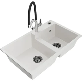 Mexen Tomas, 2-komorový granitový drez 800x500x190 mm  a kuchynská batéria Duo, biela, 6516-20-671701-07-B