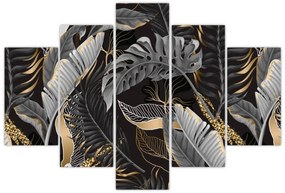 Obraz - Tropické listy v čierno-zlatej (150x105 cm)