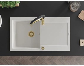 Mexen Leo, granitový drez 900x500x190 mm, 1-komorový a drezová batéria Aster, biela, 6501-20-73450-57-G