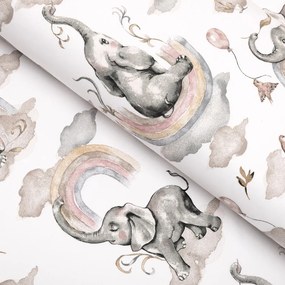 Biante Detský bavlnený behúň na stôl Sandra SA-462 Slony so sivohnedou dúhou na bielom 35x120 cm
