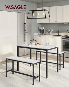 Jedálenský stôl pre 4 osoby, kuchynský stôl s 2 lavicami, 109,6 x 67,6 x 73,5 cm, mramorovo biely