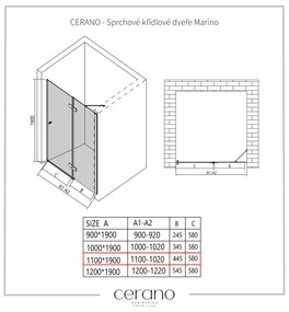 Cerano Marino, 1-krídlové delené sprchové dvere 110x190 cm, 6mm číre sklo, čierny profil, CER-CER-420246