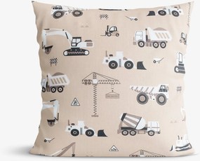 Goldea detská bavlnená obliečka na vankúš - nákladné autá a bagre na béžovom 40 x 60 cm