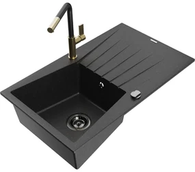 Mexen Cesar, 1-komorový granitový drez 775x470x190 mm a drezová batéria Flora, čierna-strieborná metalíza, 6514-73-670401-57-B