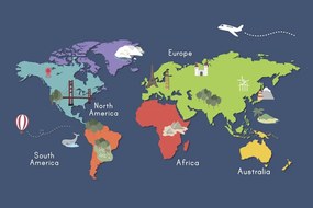 Obraz na korku  mapa sveta s kreslenými dominantami
