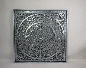 Dekorácia na stenu MANDALA strieborná čierna, drevo, ručná práca, 100x100 cm