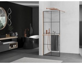 Mexen Kioto+, sprchová zástena Walk-In s poličkou a vešiakom 90 x 200 cm, 8mm číre sklo čierny vzor, medený matný profil, 800-090-121-65-77