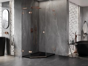 Mexen Lunar, L päťuholníkový sprchový kút naklápací doľava 80 x 100 cm, 8mm číre sklo, profil medená matná, 831L-080L-100P-65-00-L