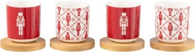 Sada 4 červených keramických kávových šálků s bambusovými podšálky Nutcrackers v dárkové krabičce – 13,8*13,8*7,5 cm