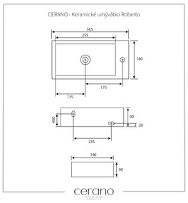 Cerano Roberto, keramické umývadlo 365x180x90 mm, závesné pravé, biela lesklá, CER-CER-417209R