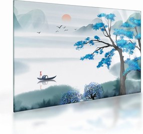 Sklenený obraz - Maľované jazero s loďkou (70x50 cm)