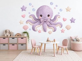 Plyšová chobotnička s mašľou fialové morské textilné nálepky na stenu do detskej izbičky pre dievčatko hárok 46 x 34 cm