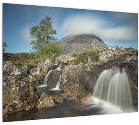 Sklenený obraz vodopádov a hory (70x50 cm)