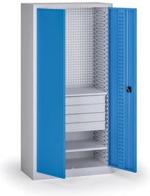 Policová dielenská skriňa 2-dverová, 2 police + 4 zásuvky, 1950 × 950 × 500 mm, modré dvere