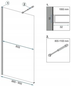 Rea Aero, sprchová zástena typu Walk-In 90 cm + polička a vešiak EVO, 8mm číre sklo, čierny profil, KPL-K7581