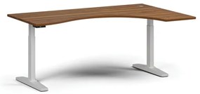 Výškovo nastaviteľný stôl, elektrický, 675-1325 mm, ergonomický pravý, doska 1800x1200 mm, biela podnož, orech