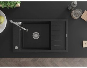 Mexen Elias, granitový drez 795x480x200 mm, 1-komorový a drezová batéria Carla, čierna-strieborná metalíza, 6511-73-670700-00