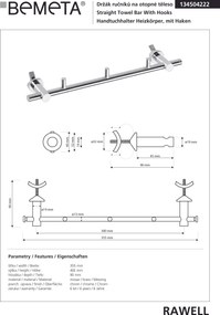 Bemeta Design RAWELL: Držiak uterákov na vykurovacie teleso, 300 mm, s háčikmi, lesk - 134504222
