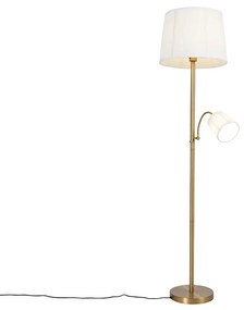 Klasická stojanová lampa bronzová tkanina biela s lampou na čítanie - Retro