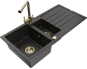 Mexen Andres, granitový drez 1000x500x200 mm, 1,5-komorový + zlatá batéria Duero, čierna-zlatá metalíza, 6515-75-671600-00