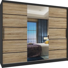 Šatníková skriňa 232 cm Belini čierny mat / dub sonoma s posuvnými dverami zrkadlom a zásuvkami  MBP SZP8/0/1B/2DS1L/0/KLP