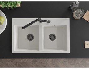 Mexen Hektor, 2-komorový granitový drez 800x480x205 mm, biela, grafitový sifón, 6521802000-20-B