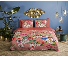 Oranžové obliečky na jednolôžko z organickej bavlny Descanso Flowery, 140 x 220 cm