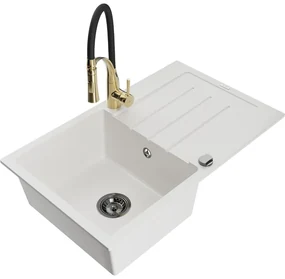 Mexen Bruno, 1-komorový granitový drez 795x495x200 mm a drezová batéria Aster, biela, 6513-20-73450-57-B