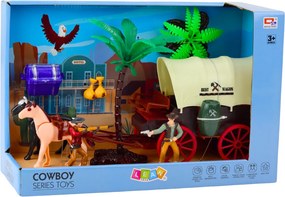 LEAN Toys Sada kovbojských figúrok westernový kočiar kone palmy